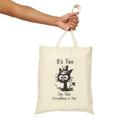 "It's Fine I'm Fine Everything is Fine" St. Patrick's Day Cat Cotton Canvas Tote Bag