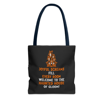 Halloween Haunted House Tote Bag — "Joyful Screams" Trick-or-Treat Reusable Shopper