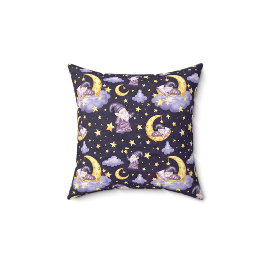 Sleepy Gnomes & Celestial Moon Faux Suede Square Pillow | Whimsical Nursery & Bedroom Accent Cushion