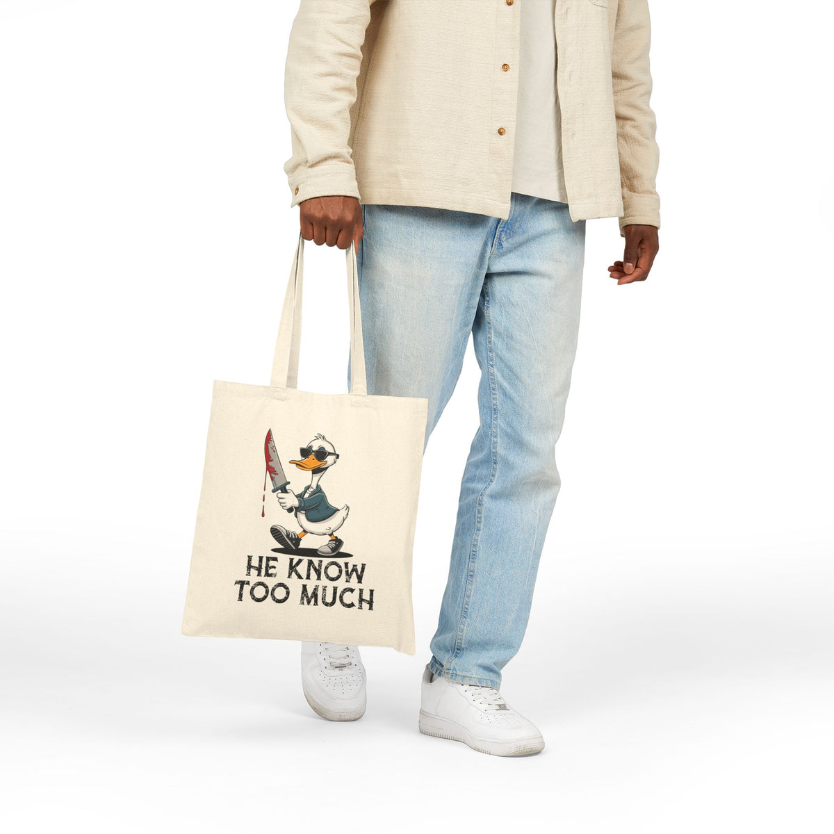 "He Know Too Much" Chaos Duck With Knife Funny Cotton Canvas Tote Bag