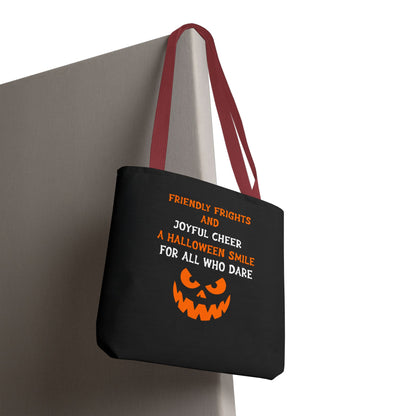 Halloween Jack-O'-Lantern Tote Bag — "Friendly Frights and Joyful Cheer" Trick-or-Treat Reusable Shopper
