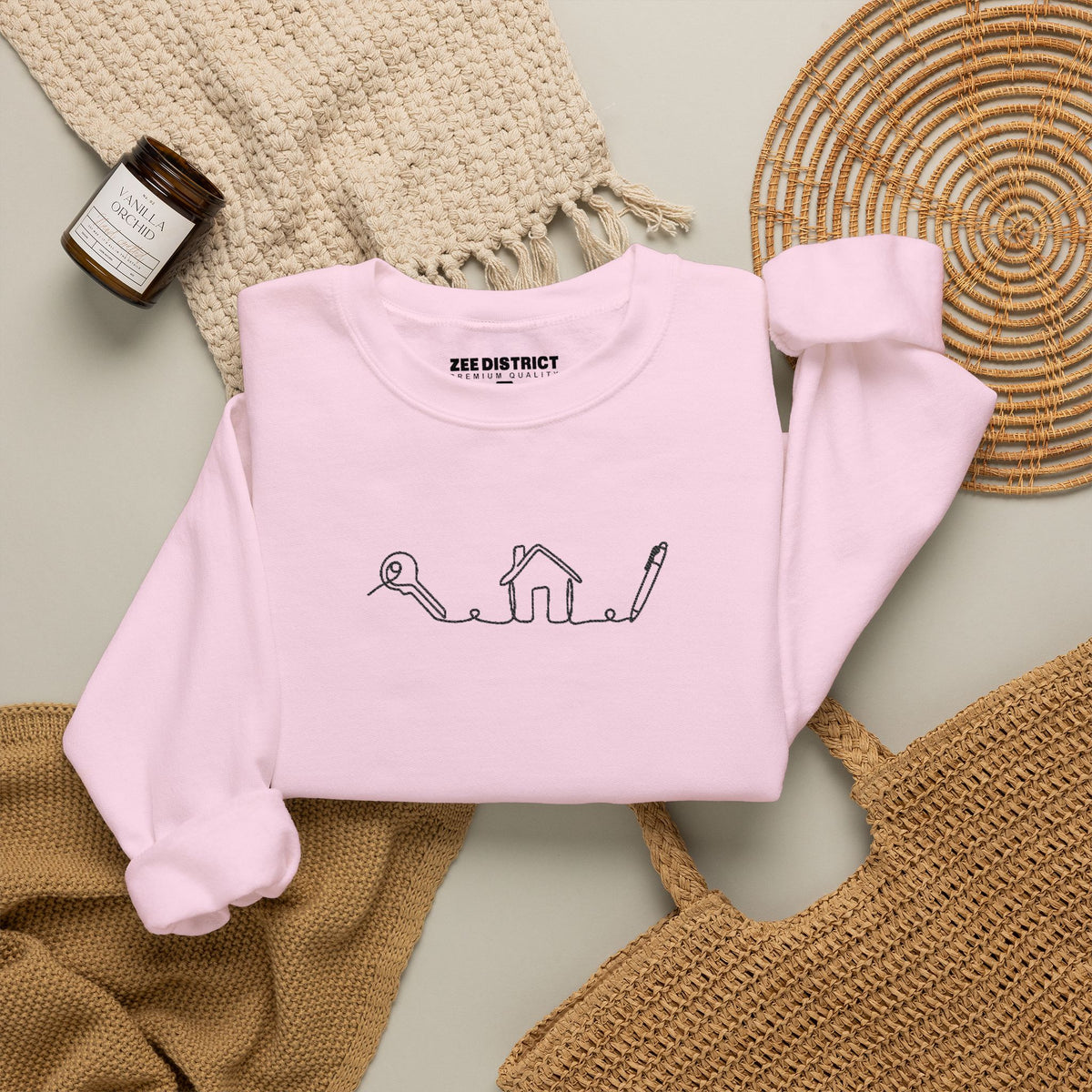 Realtor House Key Pen Line Art Embroidered Sweatshirt