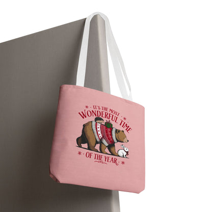 "It's The Most Wonderful Time Of The Year" Woodland Animals Holiday Sweater Polyester Tote Bag