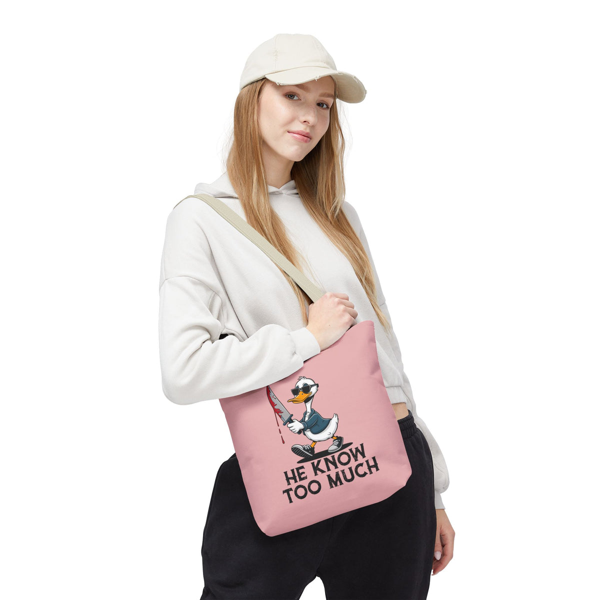 "He Know Too Much" Chaos Duck With Knife Funny Polyester Tote Bag