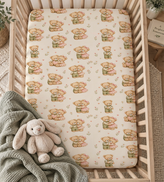Vintage Cuddly Teddy Bears & Flowers Fitted Crib Sheet — Classic Heirloom Nursery Bedding