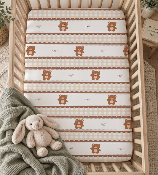 Cozy Gingham & Teddy Bear Stripes Fitted Crib Sheet — Vintage Nursery & Toddler Bedding