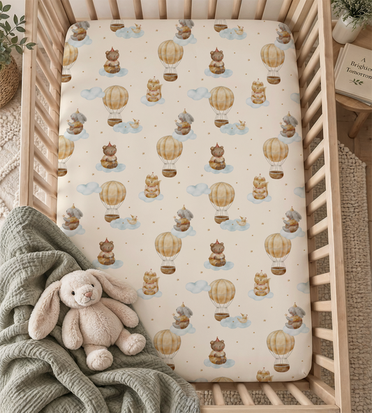 Watercolor Hot Air Balloon Animals Fitted Crib Sheet — Dreamy Sky Nursery & Toddler Bedding
