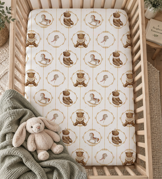 Vintage Royal Teddy Bear & Rocking Horse Fitted Crib Sheet — Heirloom Nursery Bedding
