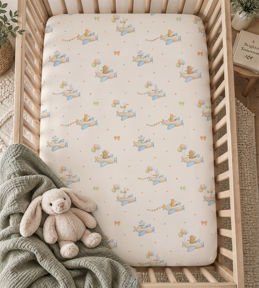Watercolor Aviator Animals Fitted Crib Sheet — Whimsical Pilot Nursery & Toddler Bedding