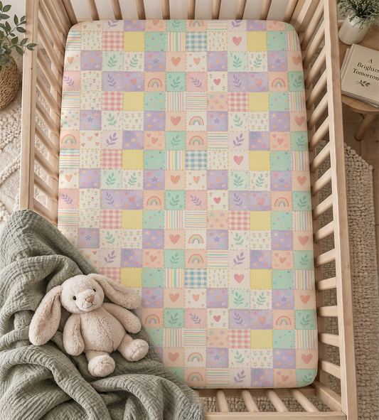 Pastel Quilted Patchwork Hearts & Rainbows Fitted Crib Sheet — Cozy Nursery & Toddler Bedding