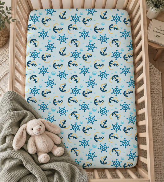 Nautical Anchors & Ships Wheels Fitted Crib Sheet — Seafaring Nursery & Toddler Bedding