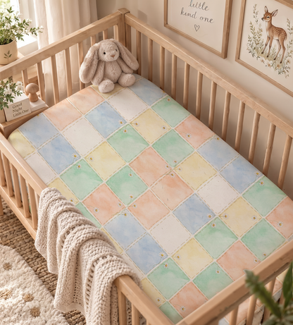 Watercolor Pastel Patchwork Fitted Crib Sheet — Cozy Nursery & Toddler Bedding